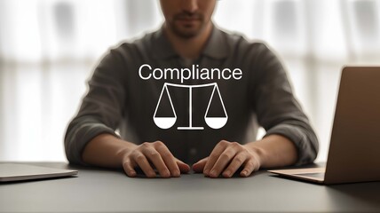 Man sitting at desk with compliance text and scales