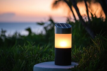 A solar-powered outdoor garden lamp glowing at dusk