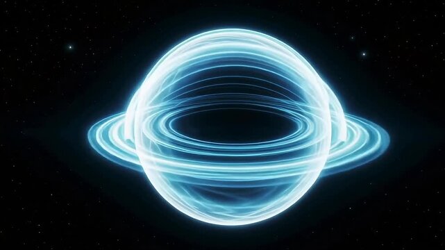 Glowing blue planet with swirling rings in deep space