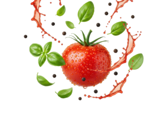 Red tomato, water droplets, basil, peppercorns, red sauce splashes frozen mid-air on transparent studio, high-speed shot, culinary advertising concept