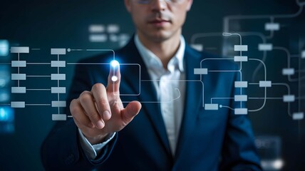 Businessman interacting with futuristic digital interface