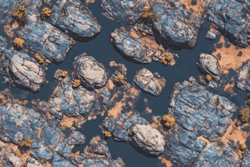 Aerial View of Rocks and Moss in Dark Blue Water creating Abstract Natural Pattern with Rich Texture and Contrast in Bright Daylight