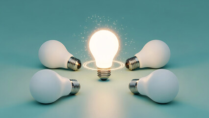 Creative image of five light bulbs with one illuminated glowing brightly surrounded by unlit bulbs on a smooth surface symbolizing innovation ideas and energy concepts