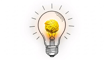 Creative and innovative light bulb with a yellow crumpled paper inside symbolizing ideas and inspiration for brainstorming and problem solving in business or education