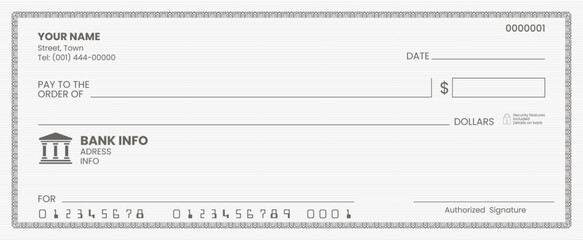 Minimalist blank bank check mockup on white background vector art.