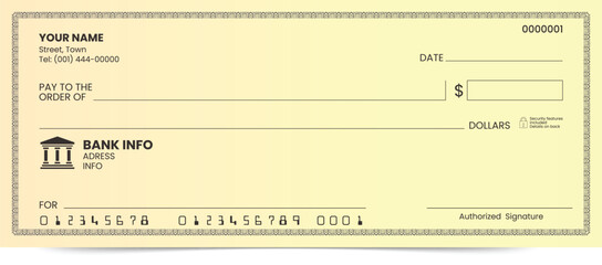 Printable blank check template for business payroll and transactions.