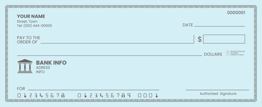 Blank check template for financial planning and banking services.