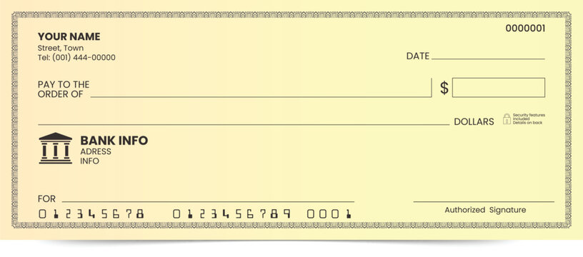 Printable blank check template for business payroll and transactions.