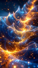 Luminous blue fractal forms with golden glowing highlights creating a dreamlike texture