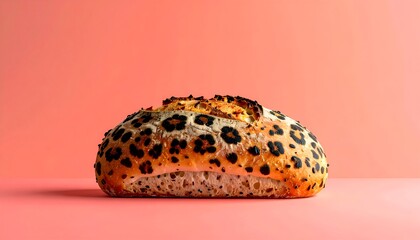 A surreal fusion of domestic comfort and wild elegance, this leopard-printed bread loaf serves as a striking visual metaphor for unexpected harmony, presented against a minimalist pink backdrop
