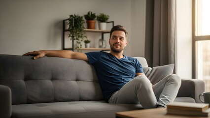 Obraz premium A man sitting on a modern sofa, relaxing in a cozy living room with natural light