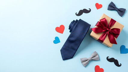 Fathers Day composition on blue background. Gift box, mustache, tie, bow tie, hearts