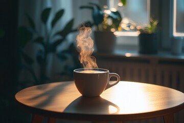 A steaming cup of coffee on a wooden table, morning vibes