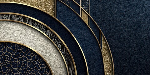 Luxury Blue and Gold Abstract Background with Glittering Texture and Geometric Shapes with Circular Segments Creating an Elegant Sophisticated Design