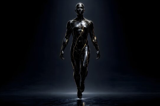 Figura Humana de Obsidiana con Grietas de Oro Estilo Kintsugi.