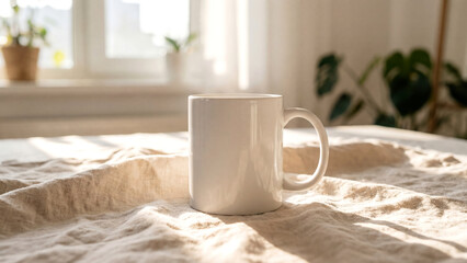 Morning coffee. Blank white mug on linen fabric with sunlight. Cosy home vibes background.