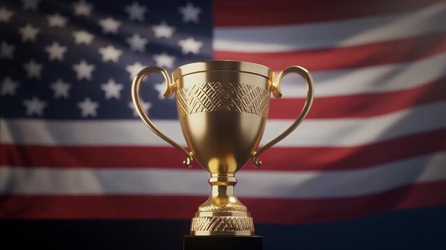 Golden trophy cup on black stand with American flag background