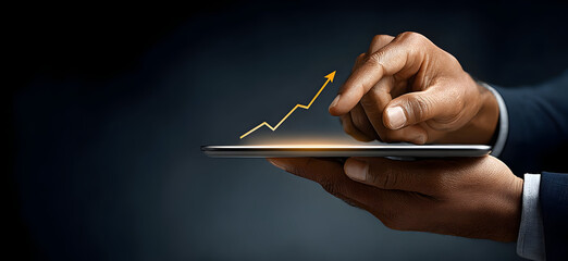 Hand holding a tablet with a glowing digital graph and chart, a rising line arrow up showing growth. Generated Ai