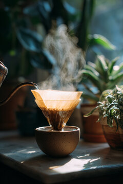 Pouring brewed coffee through a v60 dripper into a ceramic cup on a wooden surface, with steam rising, surrounded by potted plants in natural light