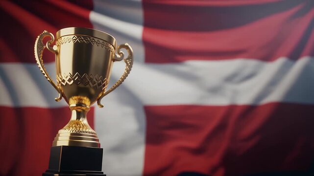 Golden trophy cup on black pedestal with Danish flag background