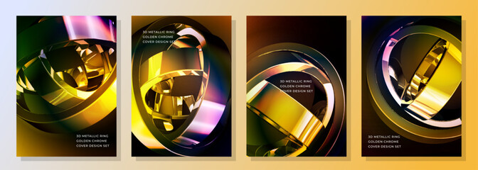 Abstract 3d Metallic Rings With Colorful Gradients, Gold and Chrome Surfaces, and Circular Loops cover poster background design set, Vibrant abstract composition of interwoven metallic rings in gold.