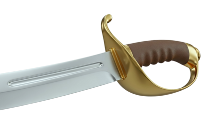 Close-up of a detailed saber with a gold hilt and brown leather grip