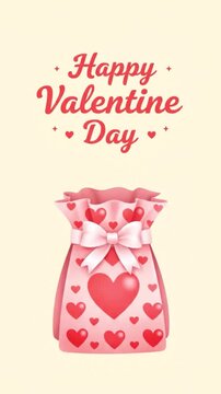 A cheerful pink vertical illustration features a heart-covered gift bag and the 'happy valentine day' greeting.
