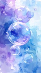 Luminous bubbles float against a swirling backdrop of blue and violet watercolor