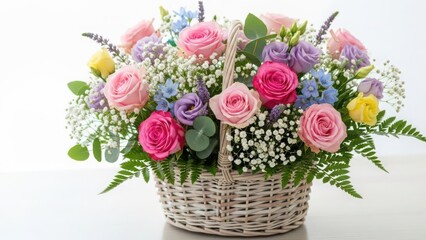 Fototapeta premium Colorful bouquet of roses and baby's breath in wicker basket with lush greenery and vibrant flowers