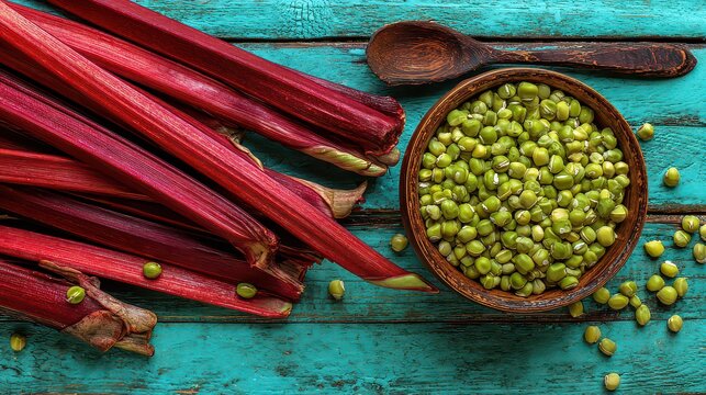 Overhead View of Fresh Red Rhubarb Stalks and Green Mung Beans in Brown Wooden Bowl on Distressed Blue Wood Tabletop