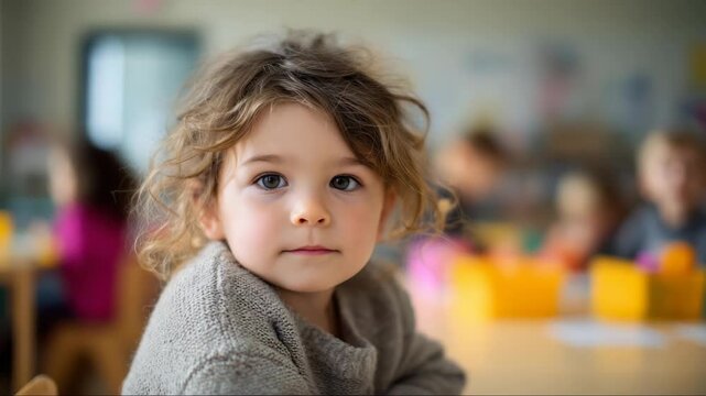 Portrait of curious preschool girl in classroom