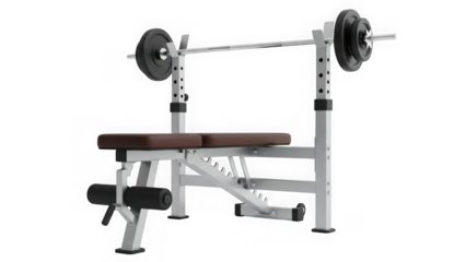 Adjustable weight bench with barbell on transparent background isolated