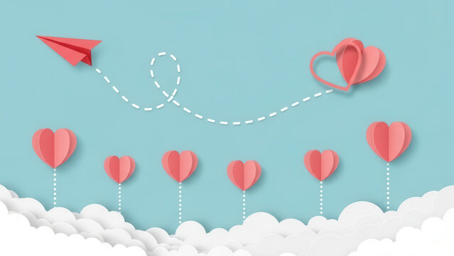 Paper airplane flying towards entwined hearts above a dreamy landscape of clouds and love