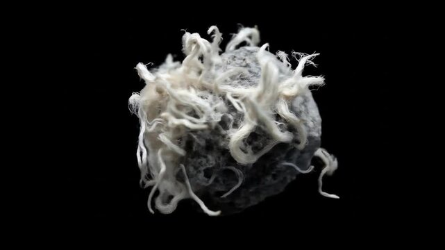 A close-up view of a spherical cluster of white, fibrous strands against a black background