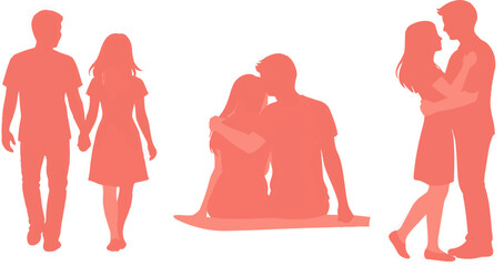 Coral pink silhouettes of three couples captured in affectionate poses, perfect for valentines day designs or relationshipthemed projects.