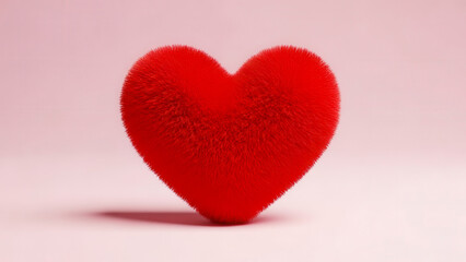 Fototapeta premium A fluffy vibrant red heart stands out against a gentle pink background, symbolizing love and warmth