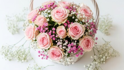 Obraz premium Beautiful bouquet of pink roses and baby's breath flowers in a white wicker basket on a white background