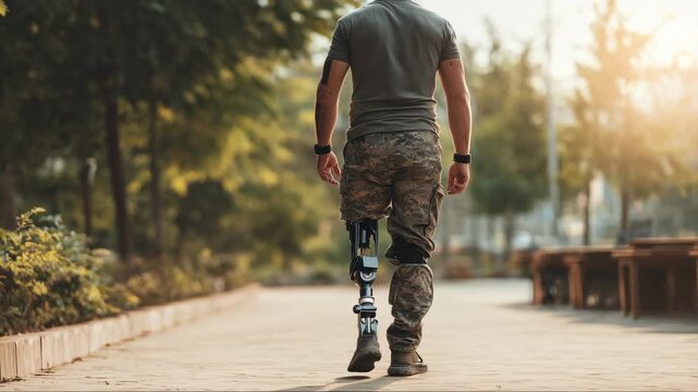 Soldier with prosthetic leg walking on sunlit path