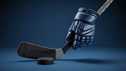 Ice hockey stick and puck with glove on dark studio background
