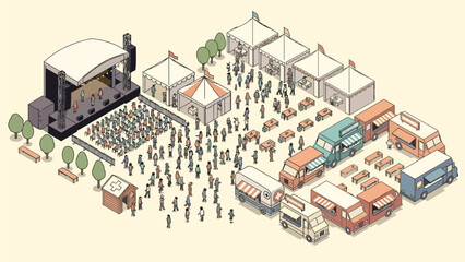 This flat design illustration offers an aerial perspective of a sprawling music festival, showcasing its various zones and the movement of a large crowd. © tika