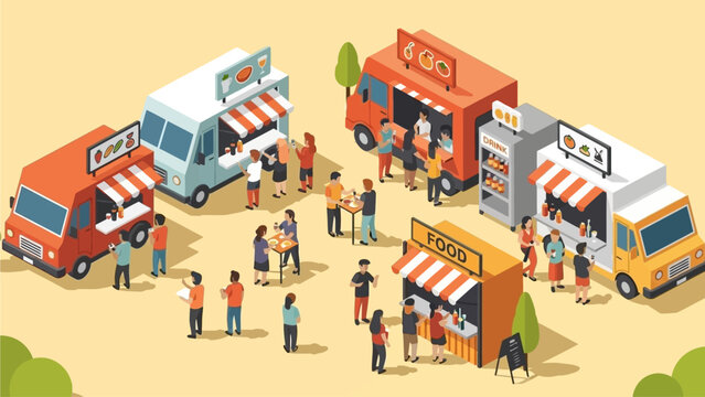 This isometric flat design illustration showcases the lively food and drink vendor area at a music festival, with diverse attendees enjoying various culinary offerings. It highlights the social and ga