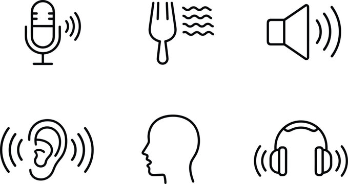 Set of audio icons including microphone tuning fork speaker hearing ear human head and headphones for sound design projects.