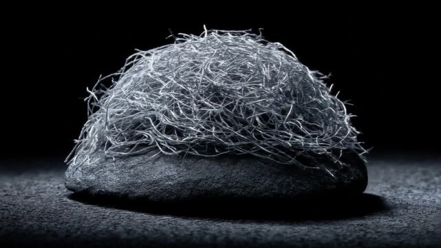 A grayscale, textured image featuring a dark rock with a tangle of pale, stringy material