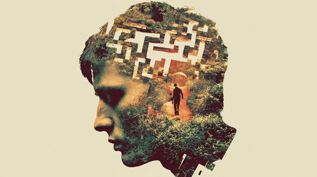 Abstract maze inside human silhouette, overthinking concept, double exposure illustration, minimal background, copy space for text