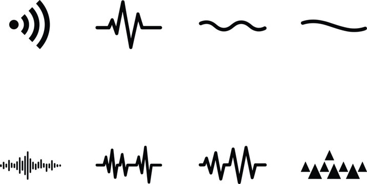 Set of black solid audio wave icons including frequency signals pulse lines and sound levels for digital interface design.