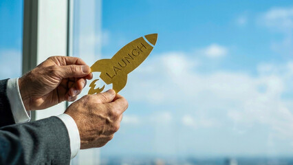 Financial high level planning concept for new business launch idea start up strategy hand holding rocket cutout window city background sky