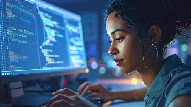 Woman Coding on Computer, Working on Software Development