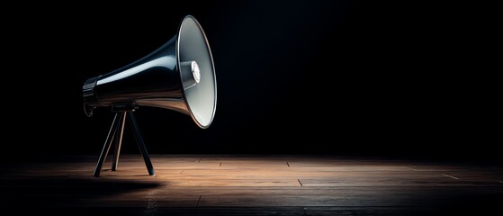 Vintage megaphone on dark wooden stage.