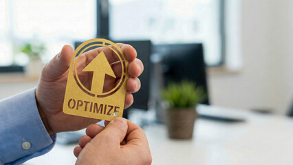 Financial high level planning concept optimize arrow symbol held by hand in modern office background