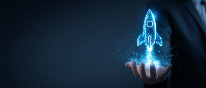 Digital rocket launch concept in business setting.